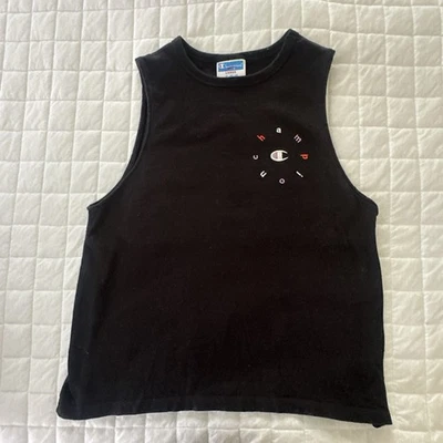 Vintage CHAMPION Shirt Womens Large Black Muscle Tee Retro 90s Y2K Logo Athletic - Image 1 of 4