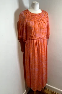 Hush midi Dress Size 12 Women's Pink smocked pattern print Peasant orange - Picture 1 of 11