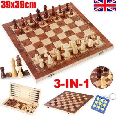 XL Large 39cm Chess Wooden Set Folding Chessboard Pieces Wood Board Chess Board - Image 1 of 4