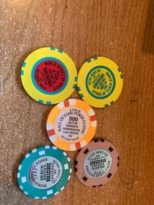 Binion's Horseshoe 500 Buy Ins 1992, 93,95,95 Salón de la Fama y fichas WSOP 1997 - Imagen 1 de 5