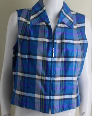 Dana Buchman & Karen Talla 14 L 12 Exquisito Azul Seda Cuadros Cremallera Chaleco Chaqueta Top Foto 1 de 4