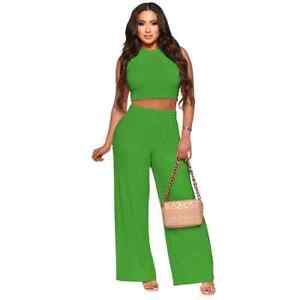 Latest fashion 2 piece green tank top & wide leg pants set outfit set uk size 10