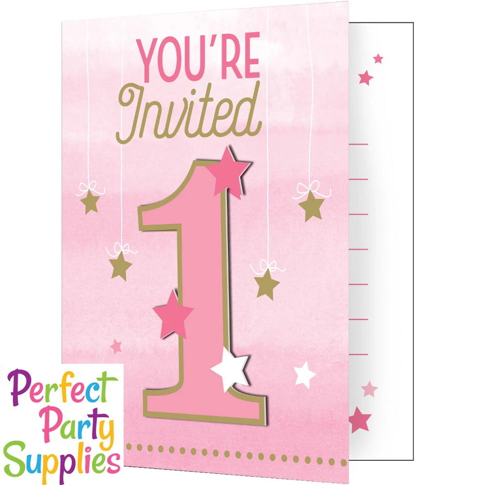 Twinkle Little Star Girl 1st One Party Supplies Invitation 8Pk Happy Birthday - Image 1 of 1