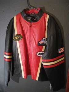 New 90s USA Diamond Plate Leather Moto Striped Red & Black Jacket Men’s 3XL - Picture 1 of 24