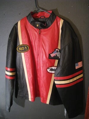 Nueva Chaqueta Hombre Años 90 EE. UU. Placa Diamante Cuero Moto Rayas Roja y Negra 3XL Foto 1 de 4