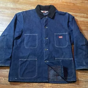 Vintage Dickies Denim Chore Coat Size 46 Blanket Lined Jacket Dark Wash Workwear - Picture 1 of 14