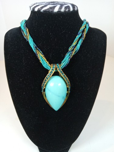 MICHAEL KORS Collana Ciondolo Perline Finto Turchese Colore Semi Blu & Oro Nuovo con Etichette