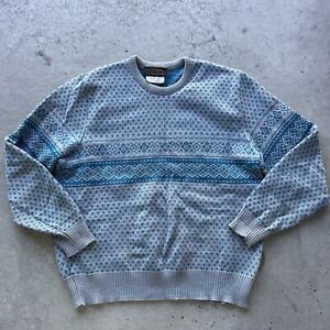 Vintage EDDIE BAUER 100% Virgin Wool Sweater Men's LARGE Blue Fair isle Chunky