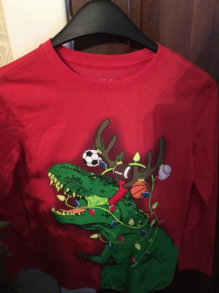Cat & Jack XL 16 T-rex Red Dinosaur Santa Christmas Holiday Shirt