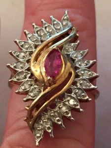 10K Yellow Gold .22k Diamond & Marquise Garnet size 7-3/4 Cocktail Ring - Picture 1 of 12