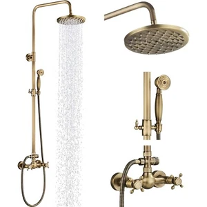 Antique Brass Shower Fixture Bathroom Shower Faucet Set w/8" Rainfall ShowerHead - Picture 1 of 9