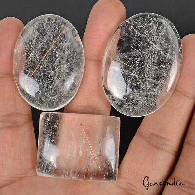 280 Cts Natural Gold Wire Rutile Quartz Mix Cabochon Loose Huge Gemstones~ 3 Pcs - Image 1 of 4