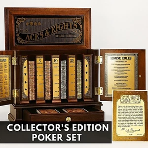 Franklin Mint Aces & Eights Poker Set 200 fiches, certificato di autenticità, carte, cabinet Old West - Foto 1 di 19