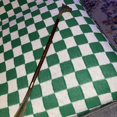 Made In Italy Original Long Shoe Horn-Carved Dog Head-Wood/Brass Fittings-20” - Image 1 of 4