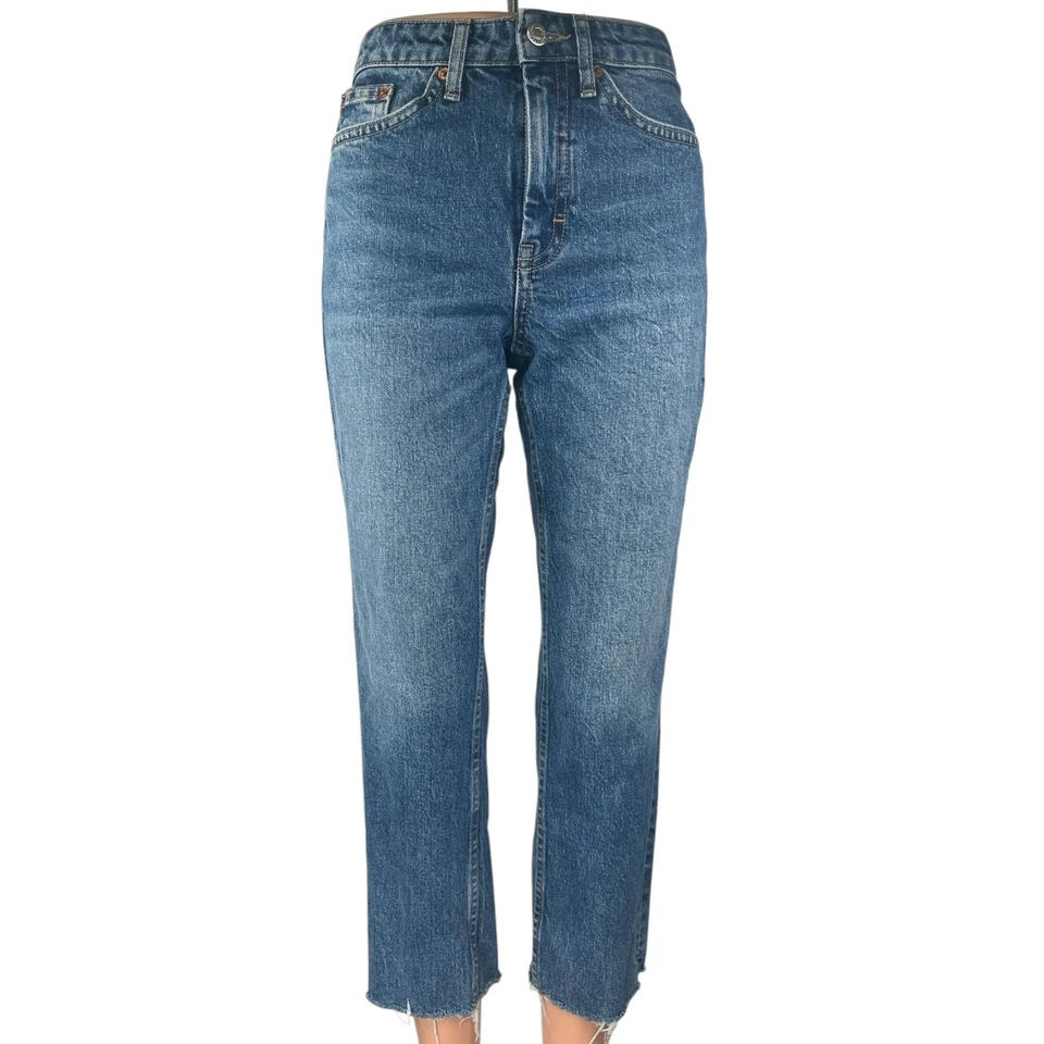 Topshop Women's Blue High Waisted Straight Leg Raw Hem Cropped Denim Jeans Sz 24 - Image 1 of 4