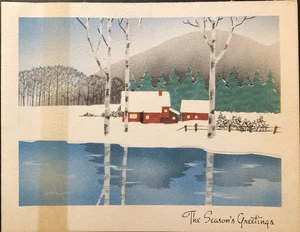 Vintage Weihnachtsgrußkarte kleines rotes Bauernhaus am See im Wintergruß - Bild 1 von 3