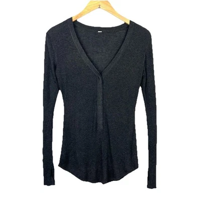 Lululemon Snap Henley  V Neck  Ribbed Long Sleeve Top Size 6 Black - Image 1 of 4