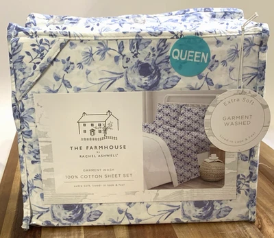 Juego de sábanas Rachel Ashwell Farmhouse QUEEN algodón azul/blanco floral Shabby Chic Foto 1 de 4