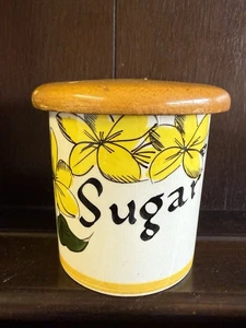 Vintage Yellow Hand Painted Toni Raymond Pottery Sugar Jar Cannister Wooden Lid - Picture 1 of 1