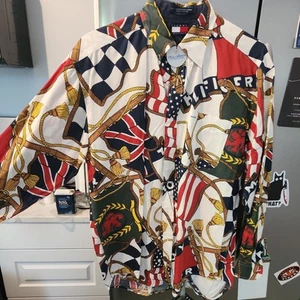 Vtg 1990s TOMMY HILFIGER FLAG & Tassle Iconic Logo Print Button Hawaiian Shirt M - Picture 1 of 4