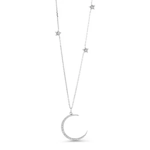 925 Sterling Silver Crescent Moon and Stars Pendant Necklace with 18" Silver - Picture 1 of 4