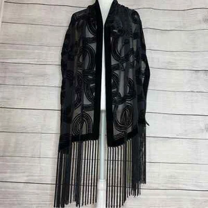 Kenneth Cole Black Sheer Fringe Hem Beaded Silk Scarf Shawl - Picture 1 of 10