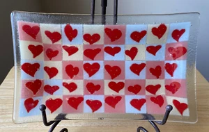 PEGGY KARR MULTI HEARTS Fused Glass Rectangular Tray - Valentine's Day - EUC - Picture 1 of 3