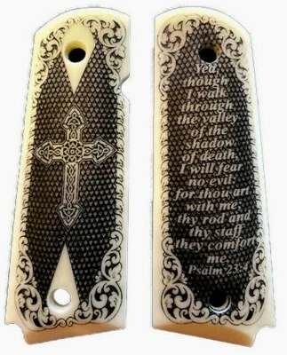 PREMIUM MFG, NORTH CAROLINA 1911 fits Colt & Clones GRIPS Classic Scroll Scrimshaw Faux Ivory Psalm 23