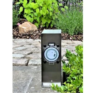 2 fach Gartensteckdose Energiestation-Säule mit Zeitschaltuhr IP44 Edelstahl - Bild 1 von 4
