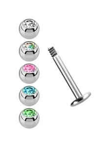 SET Lippenpiercing Schmuck Labret Stud 1,2mm mit 5 farbigen Stein Kugeln Stahl - Bild 1 von 3