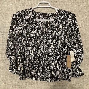 Halogen Shirt Womens Small Petite Black- White Paint Doodle 3/4 Sleeve. NWT. - Picture 1 of 7