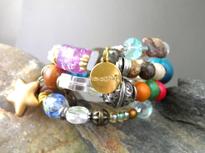 OOAK #IMAGINE Handmade Artisan Colorful Multi-bead Memory Wire Wrap Bracelet - Image 1 of 3