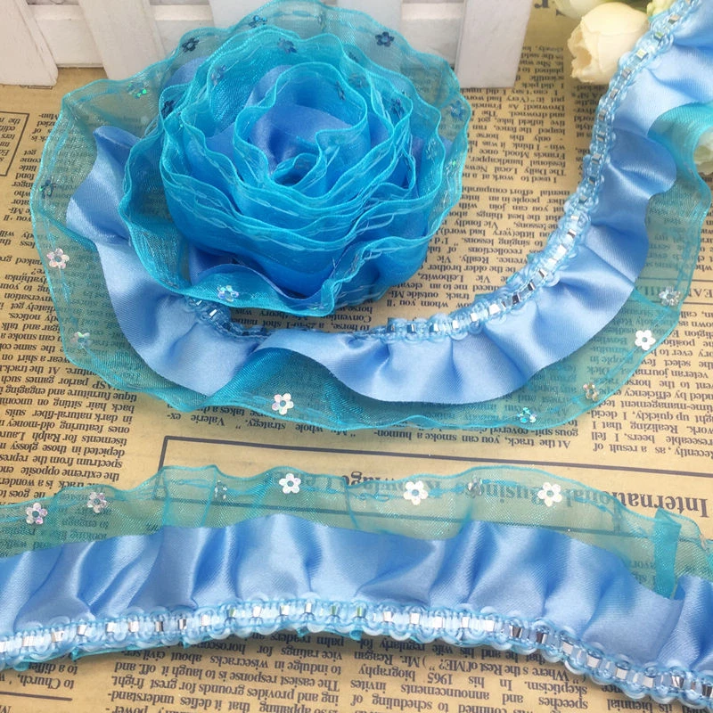 DENTELLE PLISSÉE 3 rangs / BLEU * 4 cm * GALON SATIN FRONCÉ Voile Sequin - DF03 - Photo 1/1