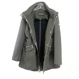GUESS Size XL Parka Coat Jacket Olive Green Lining Hood Zippers Corset Stretch - Picture 1 of 17