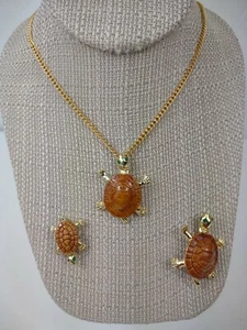 Vintage Gerry's Turtle Necklace & Pin Brooch Set Rhinestone Enamel 3 Pc 18"  - Picture 1 of 12