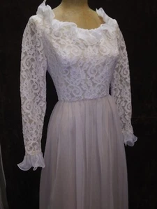 Vintage 1960's Cream & White Chiffon & Lace Maxi Mod Dress Size Small - Picture 1 of 10