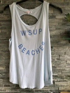 Sundry (USA) Pale Blue Vest W’SUP BEACHES Motif Open Back Surf Chick M Cost $35 - Picture 1 of 7