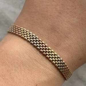 Three Tone Multi Gold Brick Link Bracelet 9ct 375 Yellow Rose White Gold - Picture 1 of 13