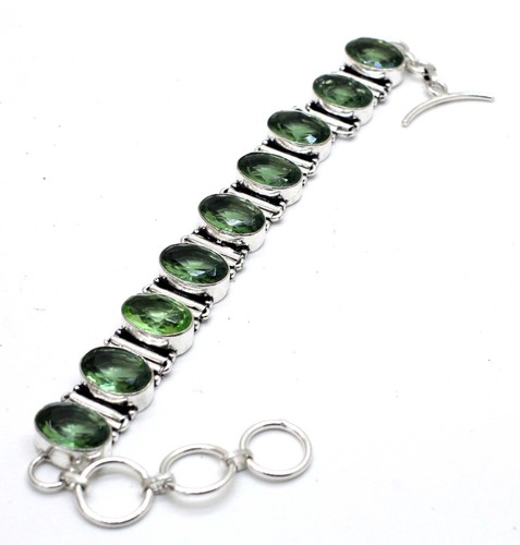 VALENTINO 925 Sterling Silver Green Amethyst Gemstone Handmade Jewelry Bracelet S 7 8"