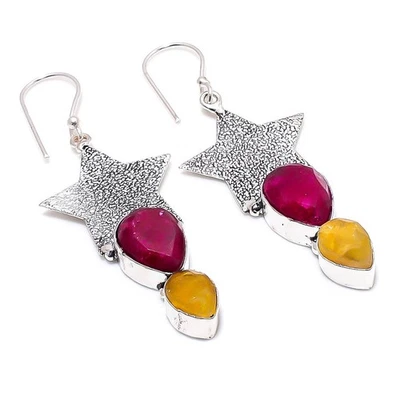 Rosso Finto, Blu Giada Gemma 925 Argento Sterling Gioielli Orecchino 6.5cm - Immagine 1 di 4