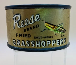 REESE BRAND FRIED GRASSHOPPERS COLLECTIBLE ADVERTISING TIN CAN & LABEL - Picture 1 of 6