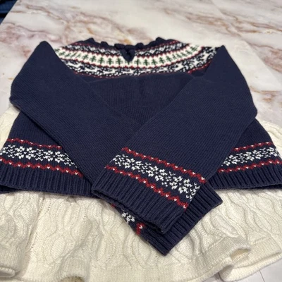 Tahari Girls Blue Christmas Sweater Reindeer, Trees & Ivory Skirt size 5-6 - Image 1 of 4