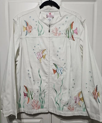 Quacker Factory White Embroidered Sequin Jacket  Tropical Fish Coastal Size 2X - Image 1 of 4
