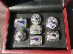 7 PCS New England Patriots Super Bowl Championship Ring Set Wooden Box Fan Gift