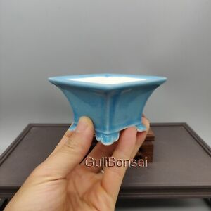 Blue Glazed Square Chinese Yixing Penjing Mame Bonsai Pot 3''x3''x1.85''