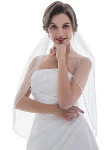 1T 1 Layer Pearl Silver Crystal Beaded Veil For Bridal Shower Wedding Party - Picture 1 of 8