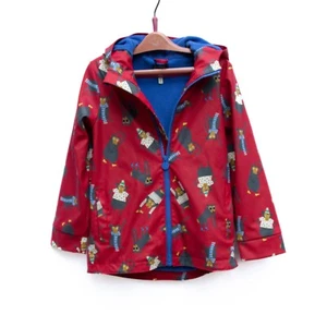 Joules Red Rain Jacket Size 8yrs Monkeys Hooded Pockets Fleece Lined Boys Girls - Picture 1 of 11