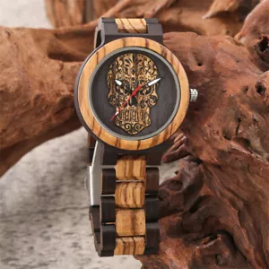 Casual Engraved Skull Dial Nature Wood Quartz Wrist Watch for Men Wooden Band - Picture 1 of 10