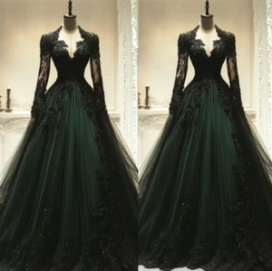Gothic Black Wedding Dresses Long Sleeve V Neck Lace Applique A-Line Bridal Gown - Picture 1 of 16