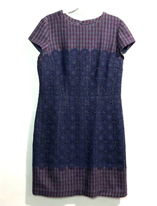 Boden British Tweed By Moon Wool Dress 14L Purple Navy Plaid Zip Lace Contrast - Picture 1 of 8